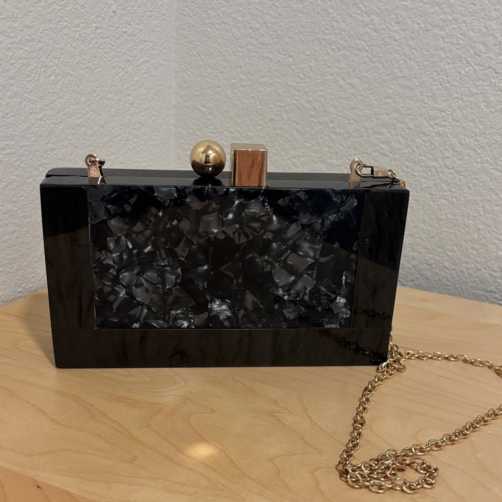 Acrylic Black Clutch with Gold Chain